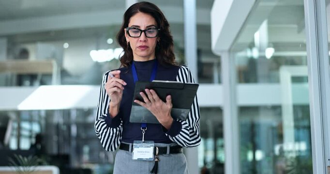 Healthcare, administration and woman in hospital with paperwork, clipboard or schedule plan in lobby. Manager, director or health insurance agent walking in clinic with checklist for medical funding