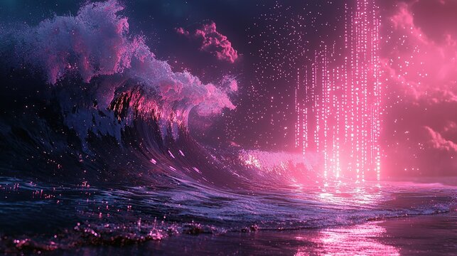 Pink and purple waves crashing on the ocean with digital code raining down from the sky.