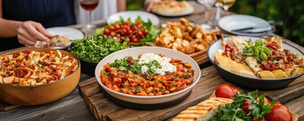 Elegant fine dining at a friendly garden party, guests sharing gourmet meals, cozy lighting and sophisticated table settings