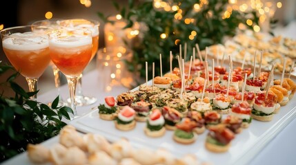 Appetizer buffet at a luxurious wedding party, with diverse canapes and cocktails, set against a backdrop of glowing fairy lights and greenery