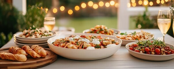 Chic fine dining setup at a friendly outdoor party, guests enjoying gourmet dishes under warm lighting, elegant yet relaxed atmosphere