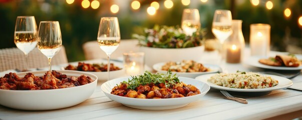 Chic fine dining setup at a friendly outdoor party, guests enjoying gourmet dishes under warm lighting, elegant yet relaxed atmosphere
