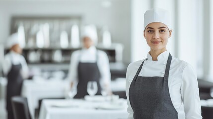 Efficient cleanup crew in a luxury dining setup, state-of-the-art equipment being used, pristine tables and polished environment