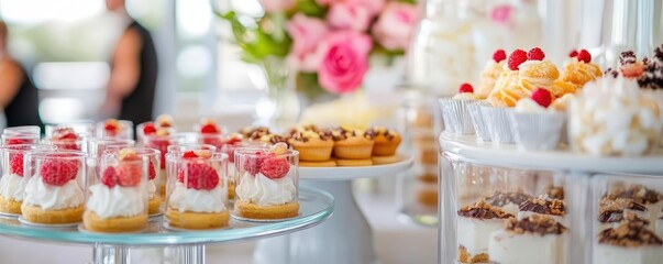 Elegant dessert station at business conference, individual servings of gourmet sweets, polished modern interior with professional atmosphere