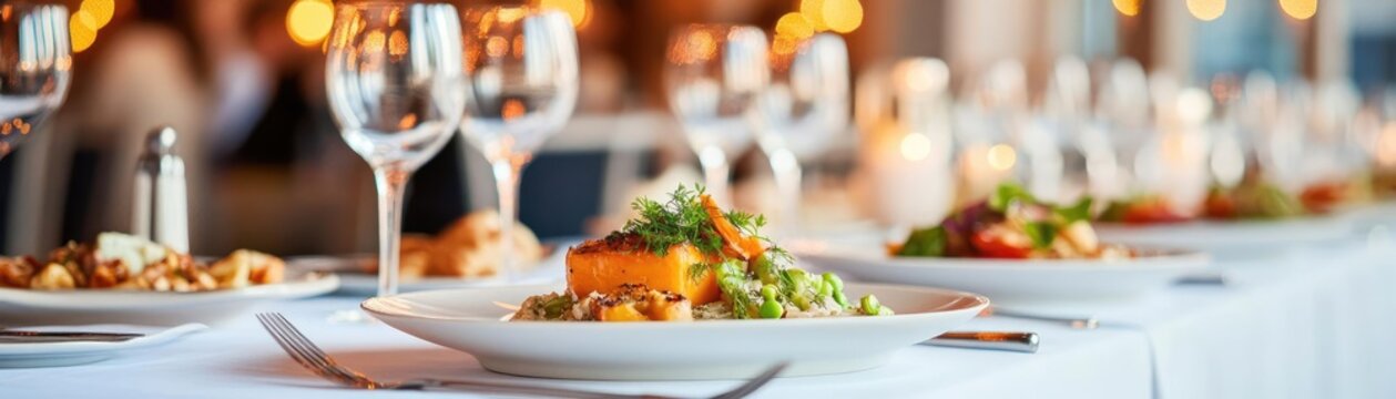Corporate event dinner, beautifully plated entrees on long banquet tables, sophisticated decor with subtle lighting, professional and refined vibe