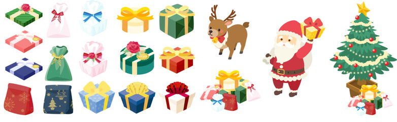 アイソメトリックで描いたクリスマスのイラストセット（ベクター）