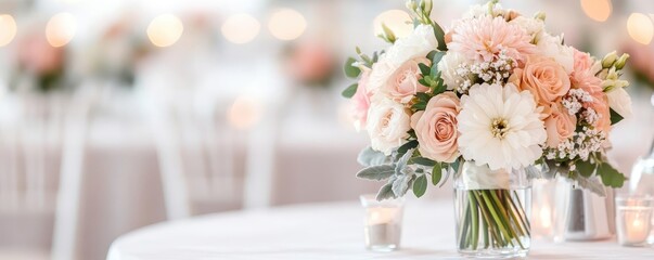 Exquisite wedding banquet with professional catering, tables decorated with floral arrangements and gourmet cuisine, elegant waitstaff, sophisticated ambiance