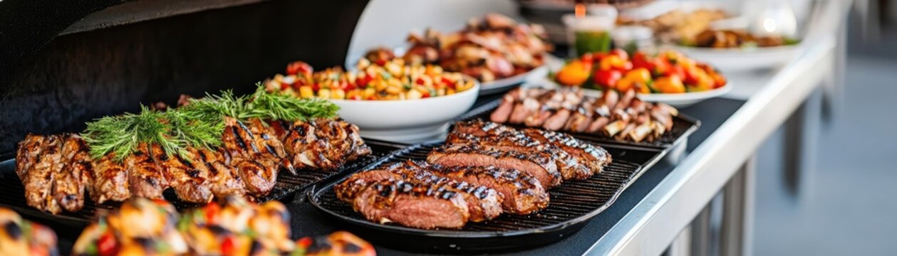 Festive holiday BBQ buffet with a variety of gourmet grilled meats, professional outdoor catering, and elegant dining setup