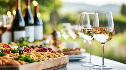 Italian birthday party with a lavish spread of antipasti, gourmet pasta, and wine, high-end outdoor catering ambiance