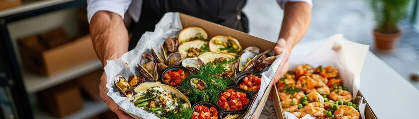 Luxury catering delivery van with gourmet meals being loaded, attentive staff in uniforms, high-end service presentation