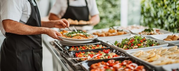 Attentive delivery staff setting up high-end catering buffet at a luxury outdoor event, gourmet dishes displayed elegantly