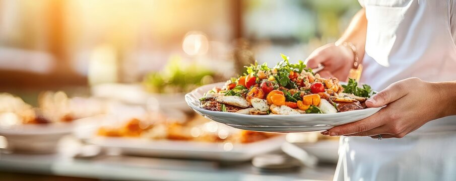 Certified catering team orchestrating a lavish outdoor party, gourmet food stations and experienced staff ensuring impeccable service