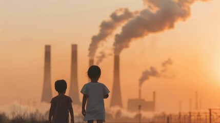Silhouettes of children playing against a backdrop of industrial smokestacks and a hazy orange sunset sky highlighting the environmental and social impact of pollution on vulnerable populations