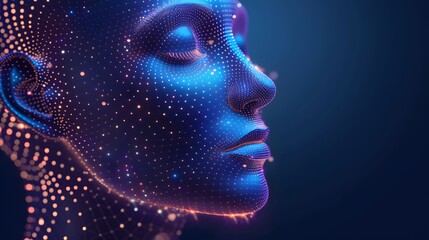 Glowing dots form human face on dark background.