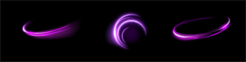 Violet shiny sparks of spiral wave. Curved bright speed line swirls. Shiny wavy path. Rotating dynamic neon circle. Magic golden swirl with highlights.