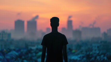 Fototapeta premium The silhouette of a lone human figure stands in stark contrast against the backdrop of an industrial cityscape symbolizing the pressing environmental challenges faced in modern urban landscapes