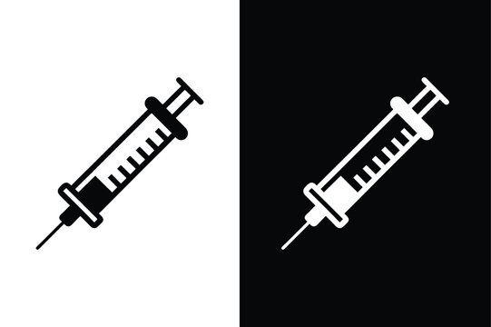 recommend clip art: Injection syringe needle or vaccine shot flat icon silhouette for medical apps and websites black white background
