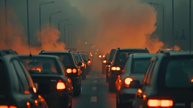 Dense network of vehicles emitting thick clouds of pollution creating a hazy dystopian atmosphere in a congested urban environment at night