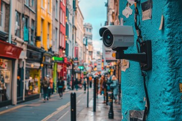 A vibrant urban street scene features a security camera mounted on a bright wall. This bustling area blends modern technology with lively surroundings. Generative AI