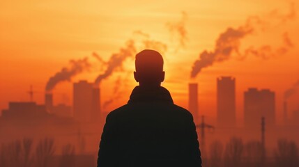 Silhouetted figure of a person standing against the backdrop of a polluted urban skyline at sunset highlighting the encroachment of industry and environmental degradation on the natural landscape