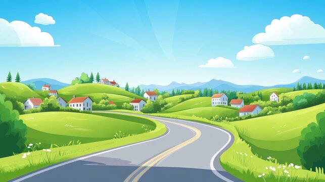 Winding Road Through Lush Green Hills with Houses and Blue Sky