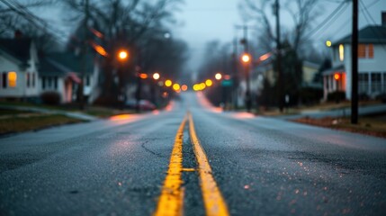 Residential street at night with streetlights and light pollution casting an eerie glow over the surroundings