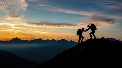 Hiker helping friend up a mountain at sunrise. People helping each other giving a helping hand to other hike up a mountain
