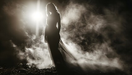 Fototapeta premium Mysterious woman dancing in foggy forest.