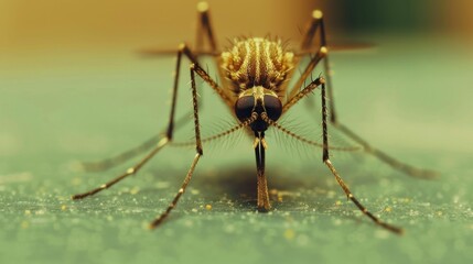 Fototapeta premium Extreme close up of a mosquito as a dangerous for parasitic transmission and disease spread with a blurry green and yellow background highlighting the insect s sharp focus and fine details