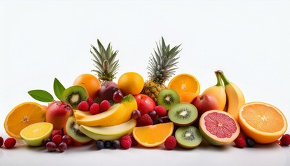 A vibrant assortment of fresh fruits including bananas, oranges, kiwis, and berries, arranged creatively against a white background.