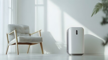 Sleek and Minimalist Compact Dehumidifier Rendered Against Pristine White Background with Cinematic Lighting