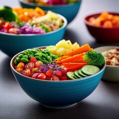 Bright and colorful lunch bowls with depth of field highlighting fresh produce and diverse textures