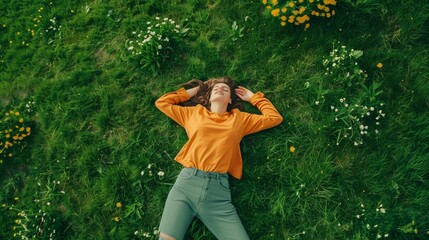 Woman Relaxing on Grass in Spring Meadow with Flowers