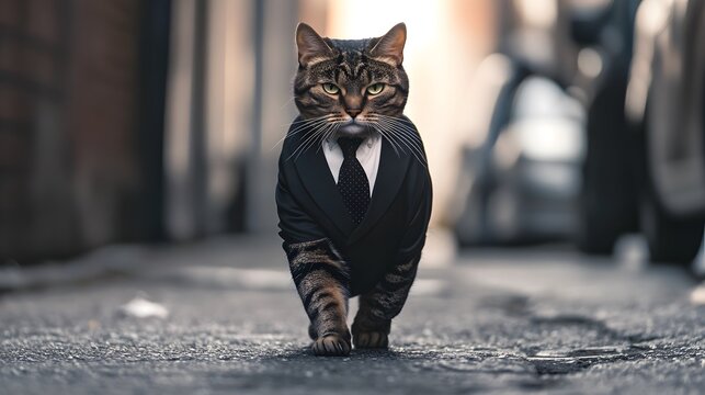 Cat with a smug expression in a crisp suit strolling confidently like a mafia figure