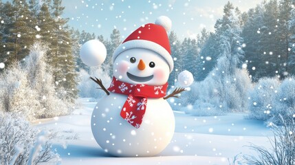 Fototapeta premium A Cheerful Snowman Playing With Snowballs in a Snowy Forest