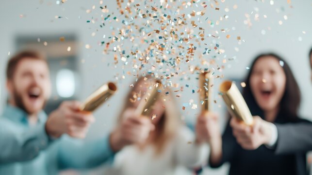 Celebration with confetti and people enjoying party atmosphere, blurred background.