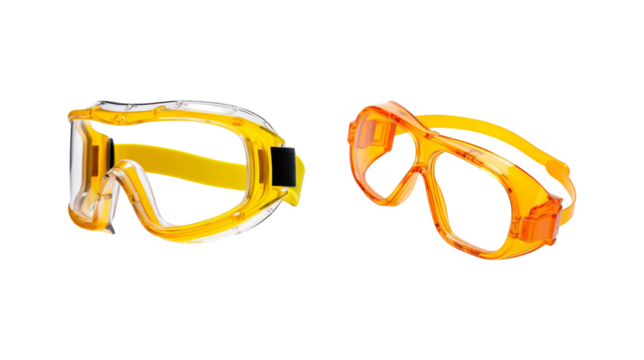 Two pairs of protective goggles with yellow frames on a white isolated background, ideal for safety and industrial use.