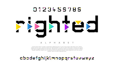 Righted creative modern geometric urban alphabet font. Digital abstract futuristic, game, techno, robot, music, logo, sport, minimal technology typography. Simple numeric vector illustration