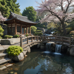 Fototapeta premium a small bridge over a small pond in a japanese garden