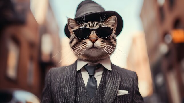 A cool-looking cat dressed in a mafia-inspired suit strolling confidently