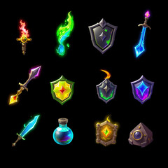 Fantasy game icons featuring swords shields potions and arcane objects