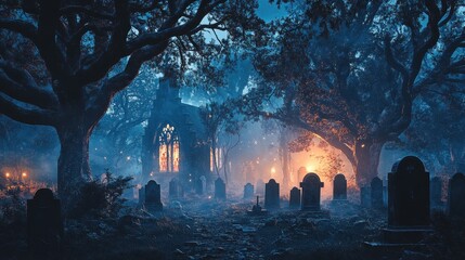 Obraz premium Eerie Nighttime Cemetery with Glowing Windows