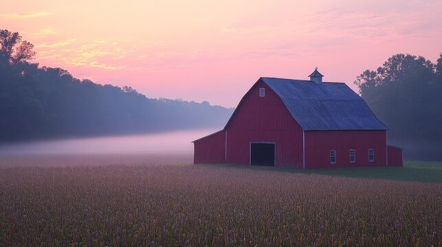 Red Barn in a Foggy Field at Sunrise