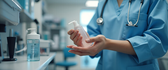 Doctor sanitizing hands before medical examination, hygiene in healthcare