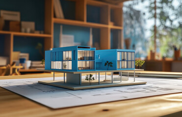 Naklejka premium Three-dimensional model of two houses on top, blueprint with windows and doors in the background, dark blue roof, construction paper house model