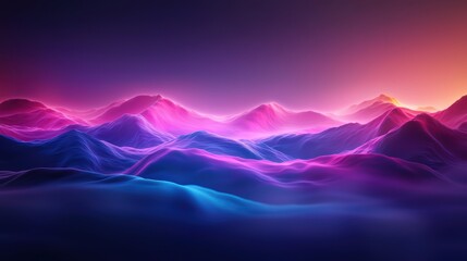 Vibrant Neon Landscape with Glowing Mountains and a Colorful Sky at Sunset