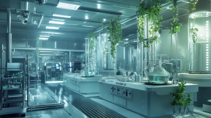 Fototapeta premium A futuristic laboratory with plants growing in glass tubes, indicating a focus on sustainable science.