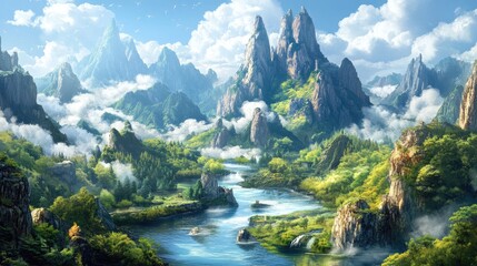 Obraz premium A River Winding Through a Misty Mountain Valley