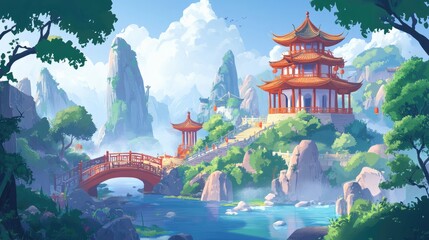 Obraz premium A Chinese Pagoda Perched on a Mountain Cliff Overlooking a Serene River