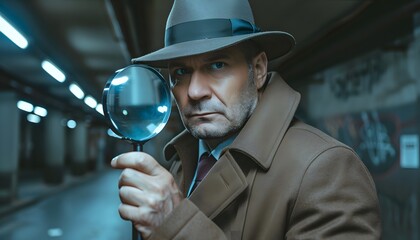 Fototapeta premium Detective man holding magnifying glass.